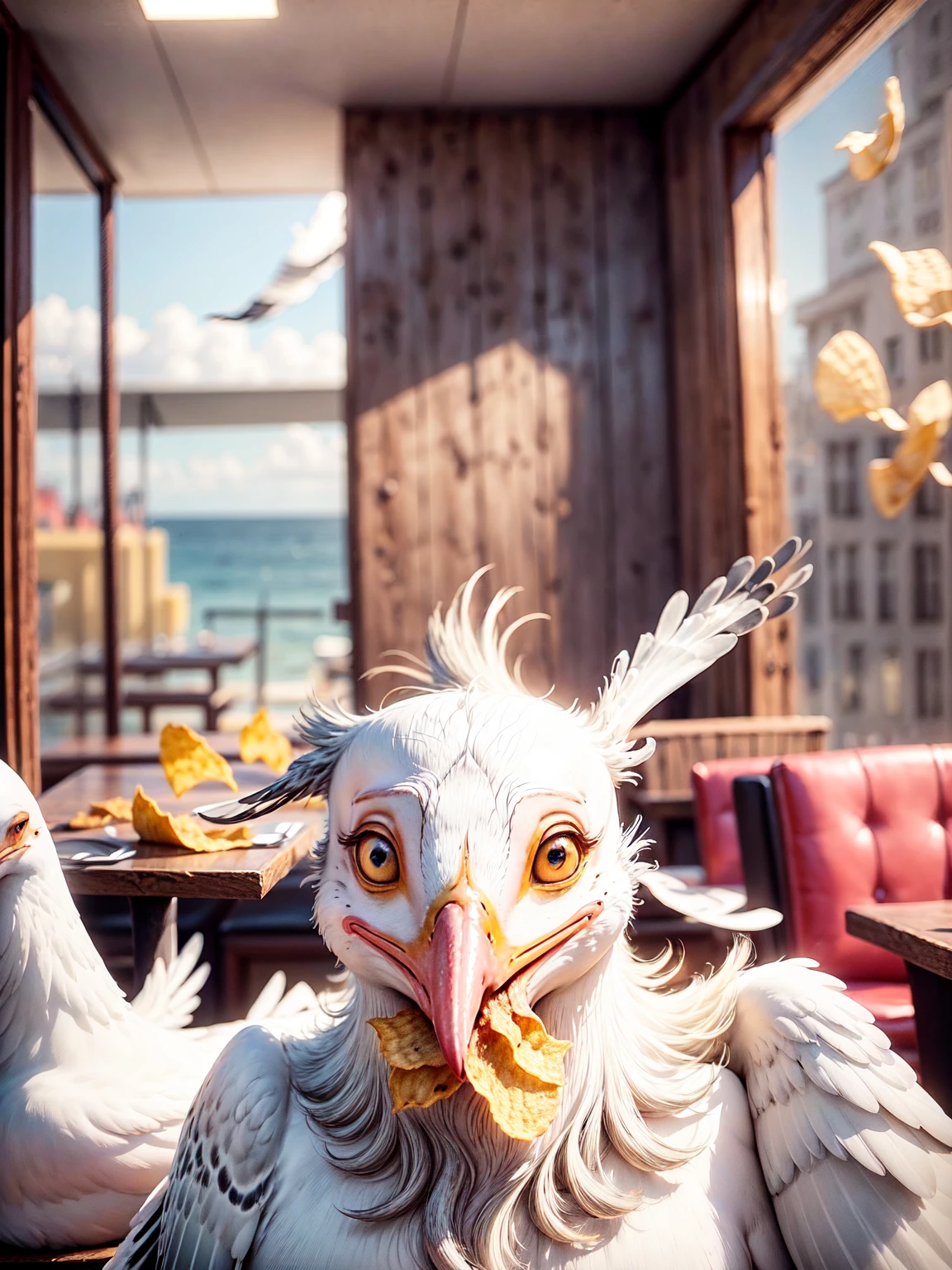 cuento , ((A seagull eating potato chips in a well-defined and clear restaurant:1.5)), idyllic, magical scene, hermosa restaurant con comensales, (mejor calidad, 4k, 8k, high resolution, Obra maestra:1.2), ultra detallado, (realista, photorealista, photo-realista:1.37), warm lighting, colores vibrantes, enfoque suave, dreamer, acogedor, adorable, lindo, caprichoso, Fancy, Encantador, sereno, peaceful, inocente, reconfortante, imaginativo