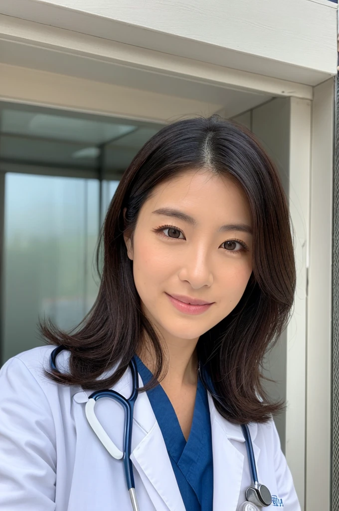 ((Highest quality)), ((masterpiece)), (detailed),Perfect Face,Japanese,Female doctor,White,Female announcer