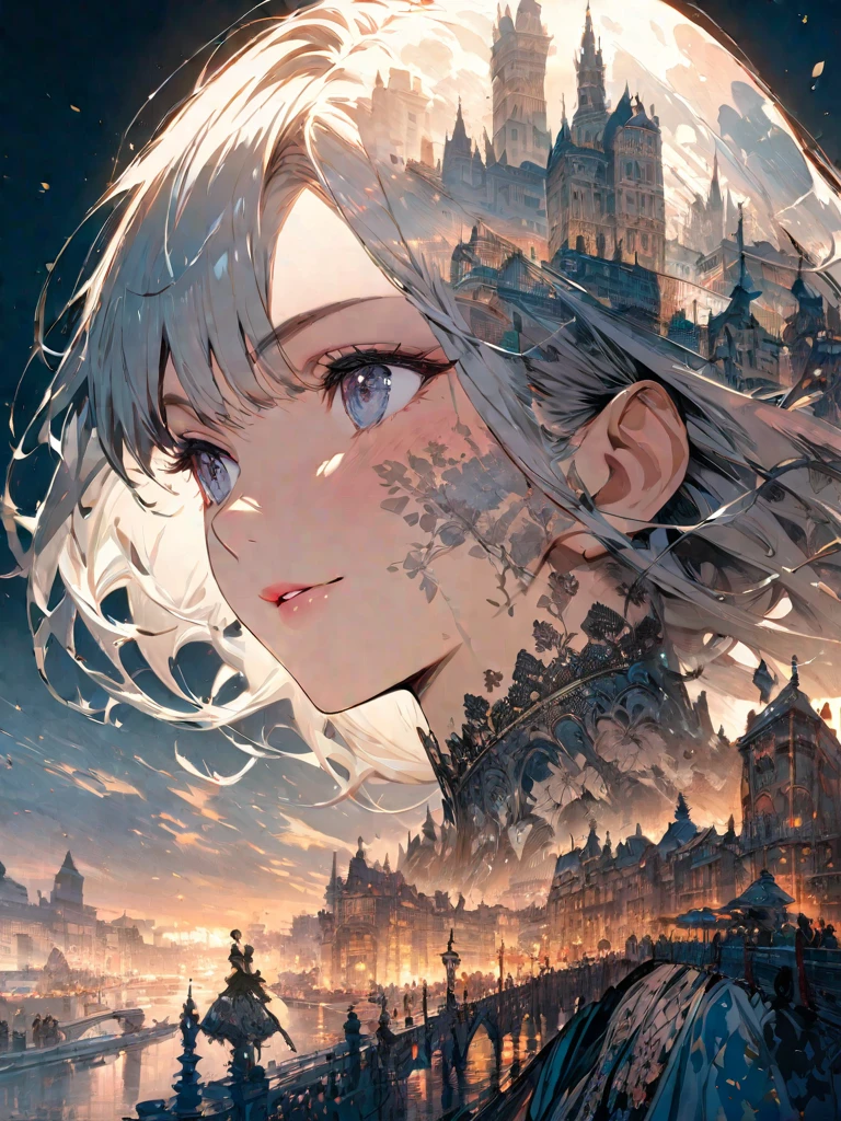 Double exposure of a beautiful and delicate lady(Face clear and perfect)Image,The backdrop is a hyper-detailed Victorian city perfect for, Beautifully, Intricate illustrations, art work concept art work masterpiece, best quality, Super detailed, HD