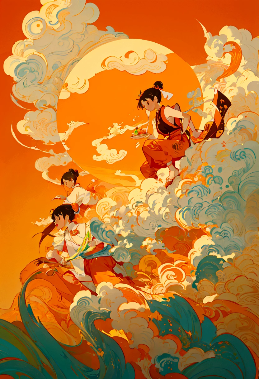 orange colors,milk tea,Flat illustration style,senior color matching,exquisitedetails,Dunhuang wind,National style,China-style,landscape painting,Milk tea packaging design with buns