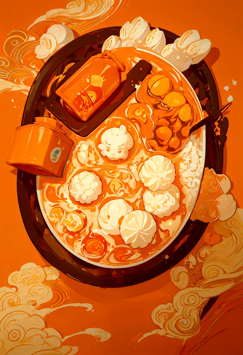 orange colors,milk tea,Flat illustration style,senior color matching,exquisitedetails,Dunhuang wind,National style,China-style,landscape painting,Milk tea packaging design with buns