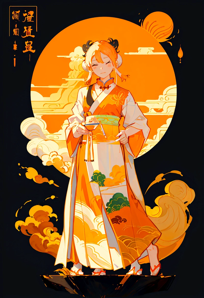 orange colors，milk tea，Flat illustration style，senior color matching，exquisitedetails，Dunhuang wind，National style，China-style，landscape painting，Milk tea packaging design with buns