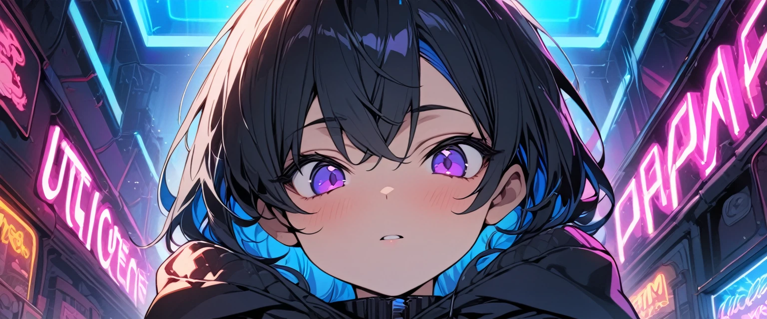 [(RED SEA BACKGROUND:1.5),::5], ((((masterpiece)))), high quality, ultra very high resolution, full color, (((solo))), (()), black hair, ((blue colored inner hair)), ((purple eyes)), anime, ((upper body)), neon light, black parka,