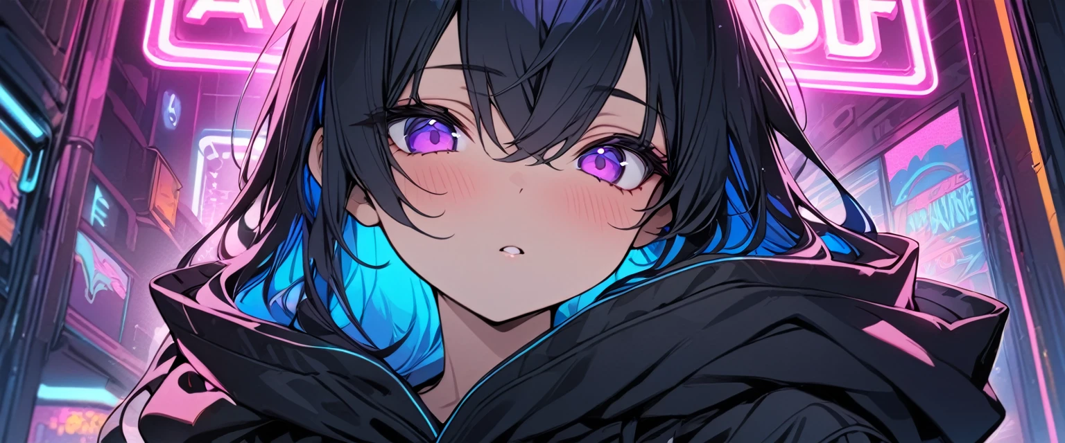 [(RED SEA BACKGROUND:1.5),::5], ((((masterpiece)))), high quality, ultra very high resolution, full color, (((solo))), (()), black hair, ((blue colored inner hair)), ((purple eyes)), anime, ((upper body)), neon light, black parka,