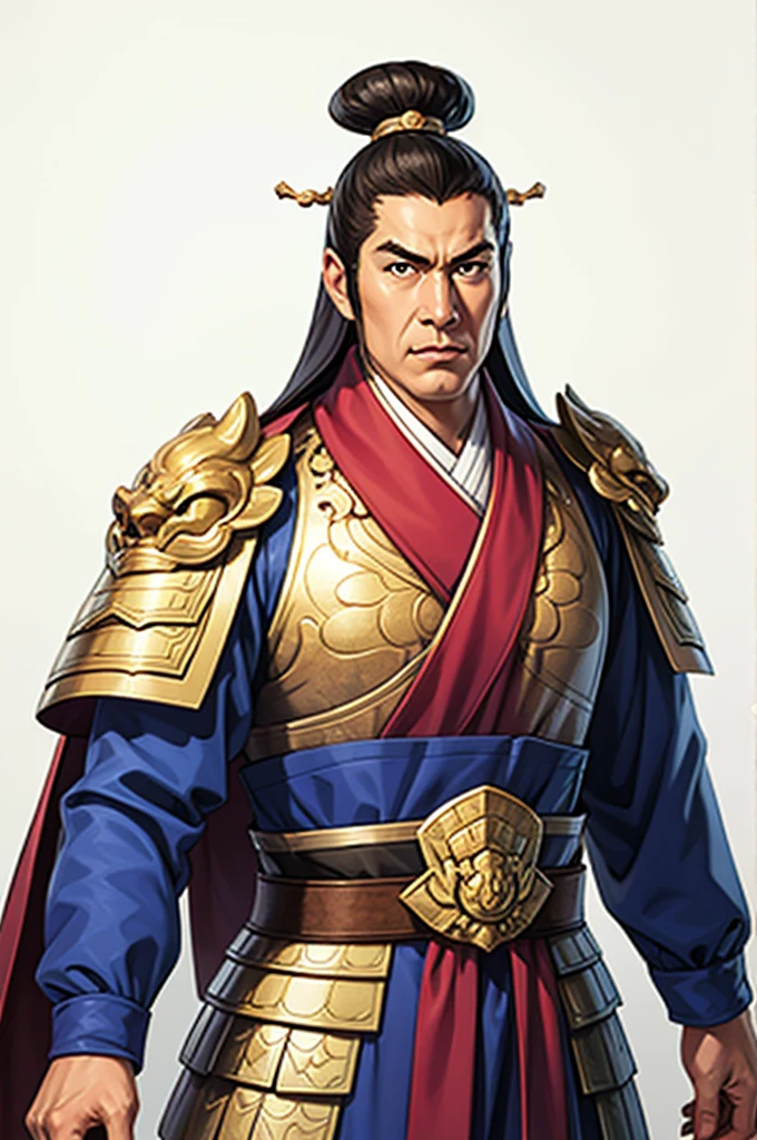 white background, 1 male，Three Kingdoms killing style:1.0，ancient Chinese background，attentive face, High image quality，masterpiece，best quality，ultra high resolution, General, heavy armor