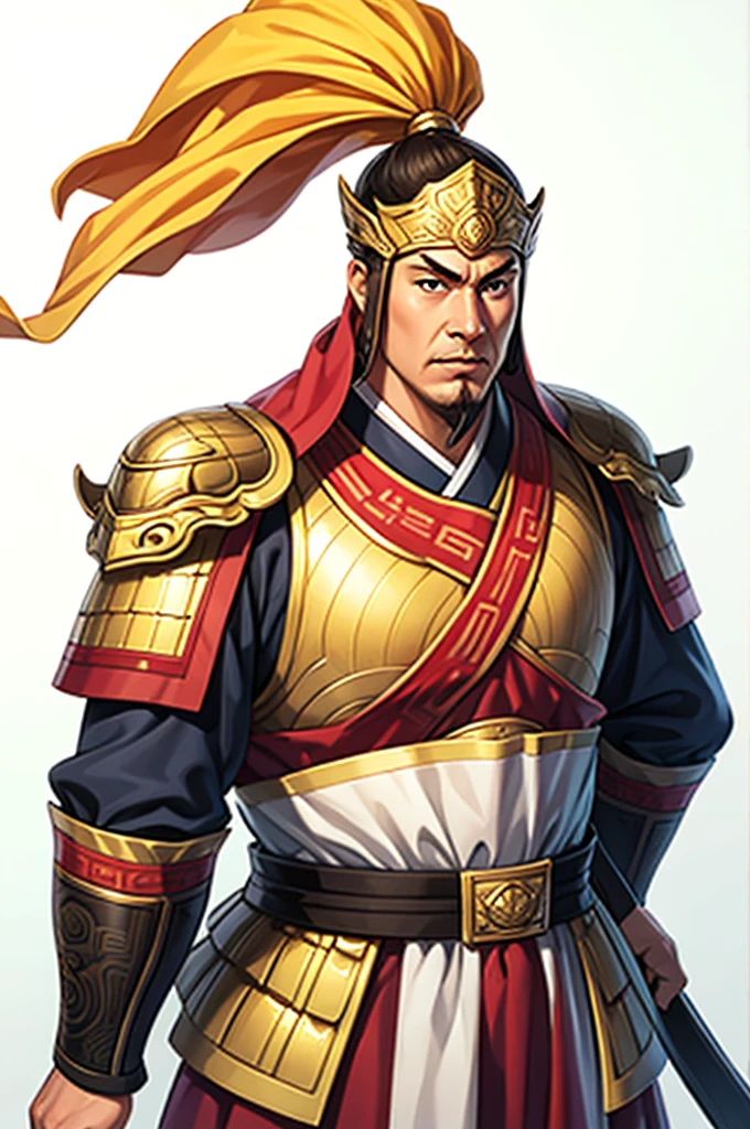 white background, 1 male，Three Kingdoms killing style:1.0，ancient Chinese background，attentive face, High image quality，masterpiece，best quality，ultra high resolution, General, heavy armor