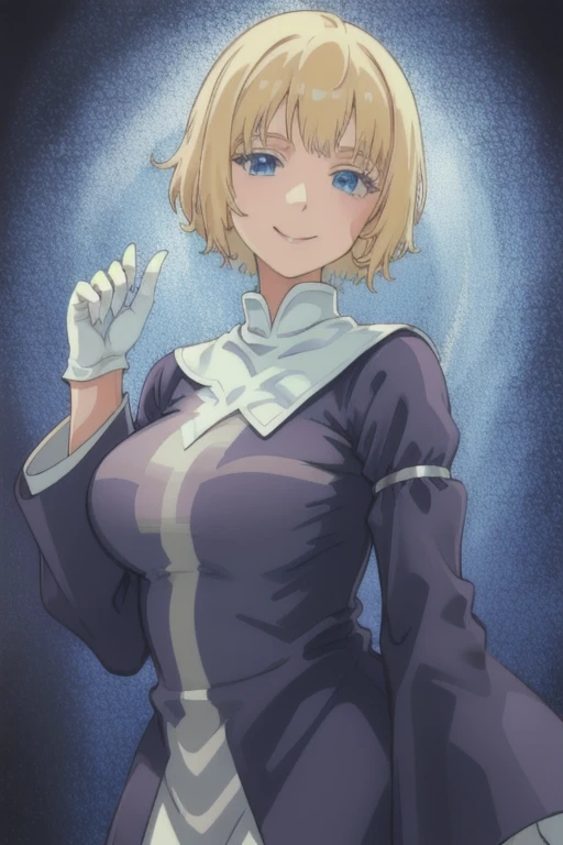 Orsola, short blonde hair, solo, smiling, cowboy shot, 
 blue habit ,white gloves, long sleeves, nun, long skirt,
(insanely detailed, beautiful detailed face,beautiful detailed eyes, masterpiece, best quality) park