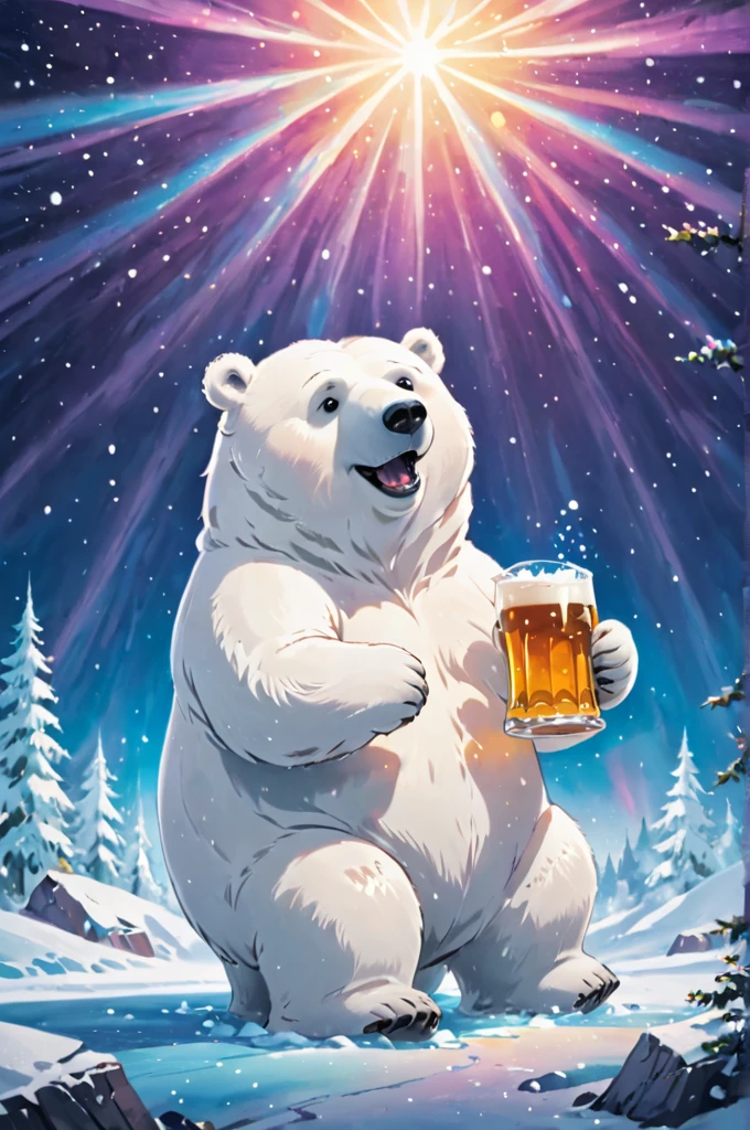 Cosmic Canvas,perfection, clean, masterpiece, Professional artwork, Famous works of art, Cute fat polar bear character photo, (Cool backgrounds),  I have a beer mug