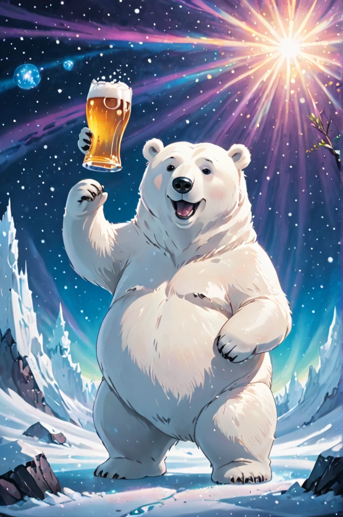 Cosmic Canvas,perfection, clean, masterpiece, Professional artwork, Famous works of art, Cute fat polar bear character photo, (Cool backgrounds),  I have a beer mug