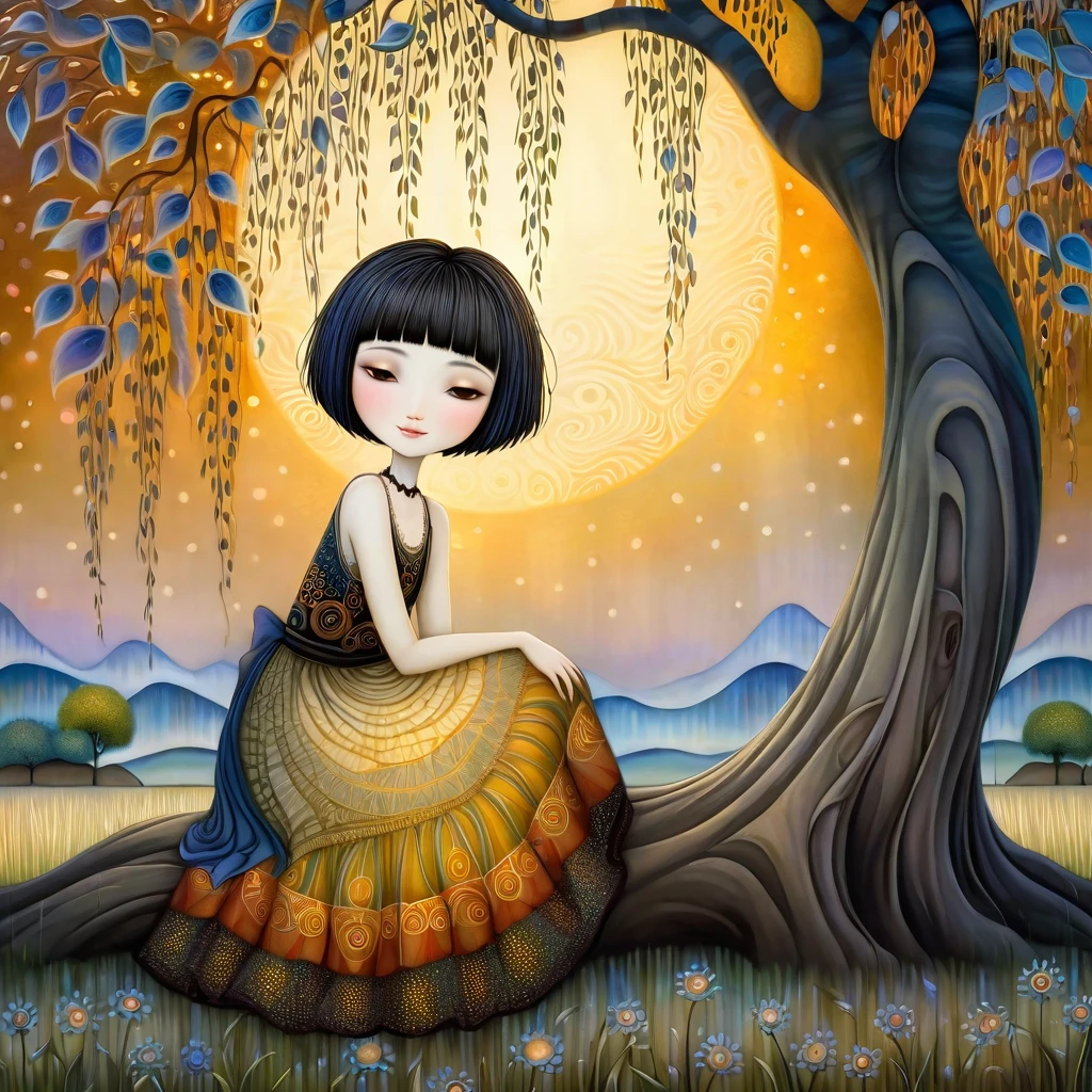 European woman with short black hair, wearing a wide skirt, rests leaning against the trunk of large weeping willow and smiles softly as the sun sets on the horizon, patchwork style inspired by Klimt, Nicoletta Ceccoli, Naoto Hattori, Lawrence Didier, and Leonora Carrington, intricate patterns and details, photorealistic 8k resolution, masterpiece quality, vivid and vibrant colors, dramatic lighting casting surreal shadows, fantastical and whimsical elements, magical realism ambiance, wide-angle perspective creating optical illusions.