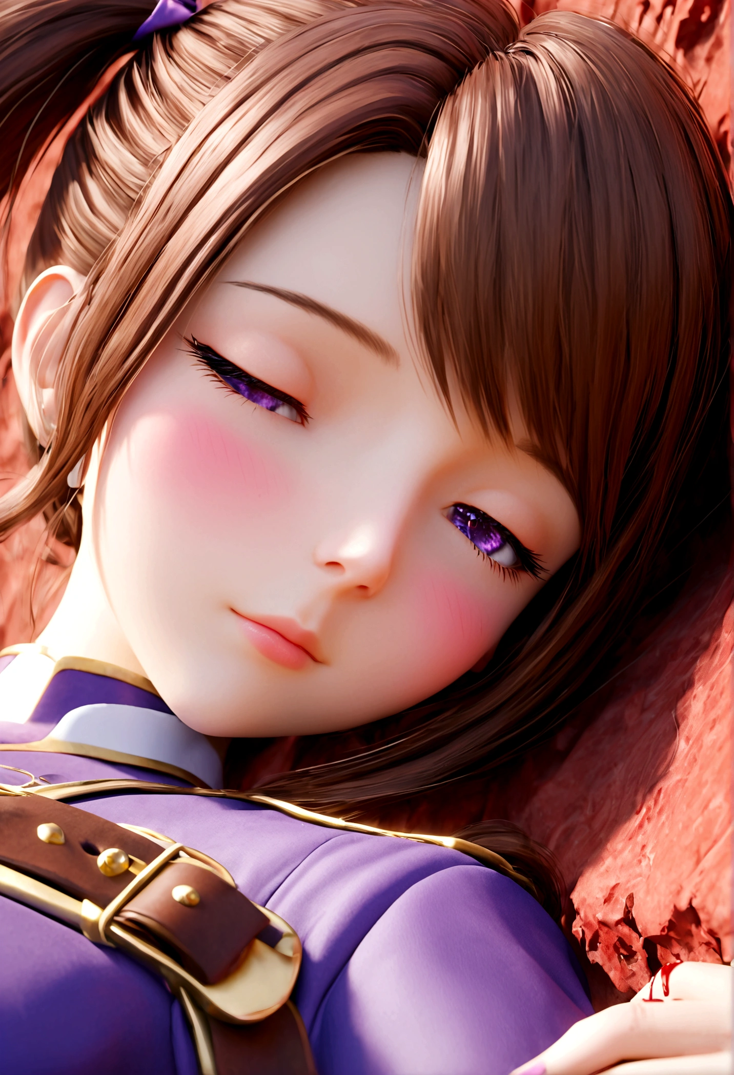 (1 Girl), masterpiece, best quality, Super beautiful illustrations, Very cute , Very detailed beautiful face, Looking at the audience, 1 Girl, belt, close up, Looking at the audience, 4k, high resolution, Ribbon, Wild Misunderstanding, blush, Throw, Double ponytail hairstyle, White background, Simple background, Thick outline, Purple Eyes, (sleep), Brown hair, Red Cliff, Expression of love, ((Brown hair)), (Blood),