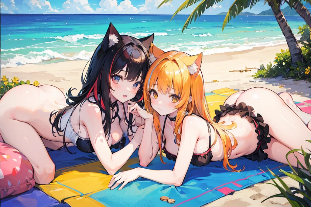 2 girls, neko, cat girls, twins, sisters, beach, sunny, high res, masterpiece, supersharp, high quality, masterpiece, HD, cute face, soft shadows, natural lighting, sunny, beach, multicolored hair, high res, masterpiece, supersharp