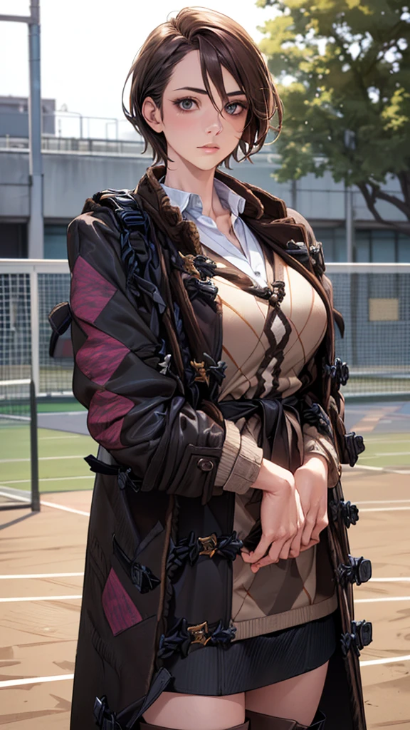 (masterpiece:1.2, Highest quality), (Realistic, photoRealistic:1.4), Beautiful illustrations, (Natural Side Lighting, Cinema Lighting), Browsing Caution, 
View your viewers, (Face Focus, Upper Body), Cowboy Shot, 1 Girl, Japanese, Beauty 30 years old, Perfect Face, (Perfect ???????:1.4), Cute and symmetrical face, Shiny skin, 
(short hair:1.2, Straight hair:1.2, Blonde), Hair between the eyes, blue eyes, Big eyes, Long eyelashes, (Large Breasts), thin, 
Beautiful Hair, Beautiful Face, Beautiful attention to detail, Beautiful clavicle, Beautiful body, Beautiful breasts, Beautiful thighs, Beautiful feet, Beautiful Hands, 
(Detailed cloth texture, Open Court, Dark brown duffle coat, Argyle sweater:1.46, Black mini skirt with stripes :1.4, Brown long boots:1.56), Emphasize the legs, 
(Beautiful views), winter, evening, (street tree, Urban area, it&#39;s snowing), walking, (Cute smile：1.4, Upward glance, Part your lips), 