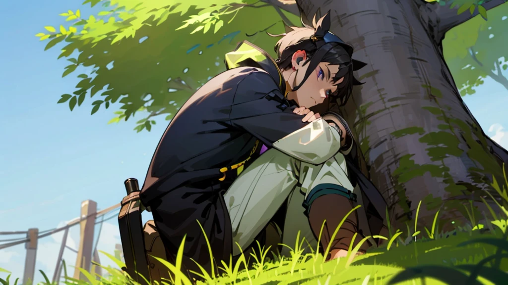 A young man in a  sits leaning against a tree., Has purple eyes and dark black hair., seriously listening to music,Wear blue-white headphones,green grass background,blue sky