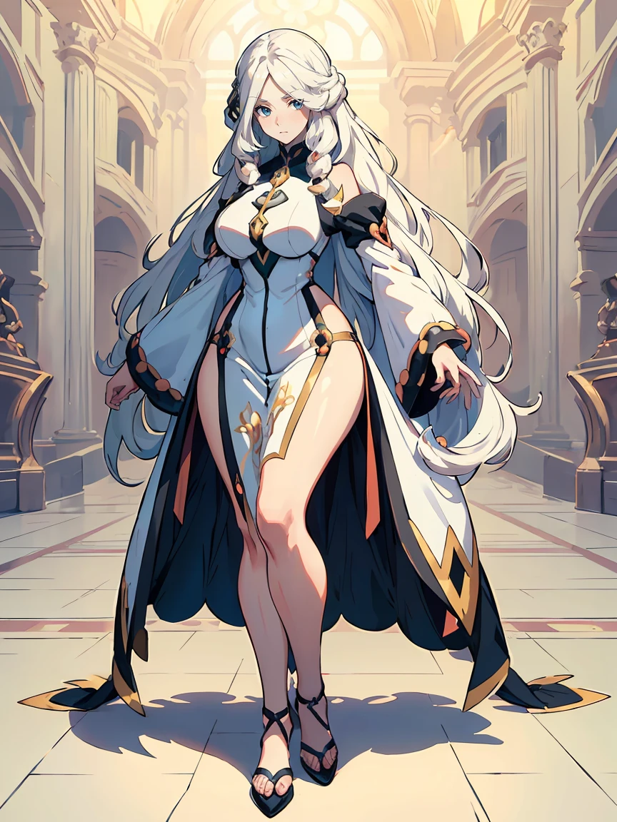 (masterpiece, HI quality: 1.1) 1girl full body standing good face, nice ass, hairstyle: braid, Color Hair: WHITE long hair, Blindfolded: NO EYES, Skin: White (porcelain skin, sparkly skin), muscular, thighs, Mature woman, Abs, looks at the viewer smiling, extremely huge breasts, maternal, chest cover with clothes (Yor Forger - Spy x Family)