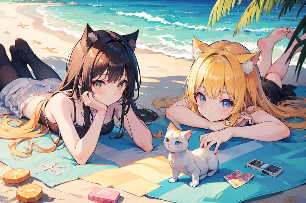 2 girls, neko, cat girls, twins, sisters, beach, sunny, high res, masterpiece, supersharp, high quality, masterpiece, HD, cute face, soft shadows, natural lighting, sunny, beach, multicolored hair, high res, masterpiece, supersharp