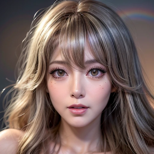 NSFW, 8k, High-level, absurd, masterpiece, best quality, primitive, very detailed CG, very detailed wallpaper, perfect lighting, Extremely detailed ((( personifying " Farrah Fawcett Majors " as a Little Girl))), MysticSight, Tyndall effect, Tyndall scattering, (Studio gray background with (Overflowing oodles Dazzling RainbowColorParticles (BokeH))), (RoundlyButts, ThighGap), (Exposed:0.4), (Assfocus with looking ahead) BREAK (Acutance:0.88), (NOGIZAKA face variations) Extremely Detailed very KAWAII face variations, perfect anatomy, Childish, CaptivatingGaze ElaboratePupils detailed Eyes with (sparkling highlights:1.28), (Voluminous LongEyelashes、GlossyRED Lips with beautiful details, RosyCheeks, Radiant PearlSkin with Transparency . { (Dynamic LifeLike expressions:1.4) | :d) }, (large eyes:-1) .