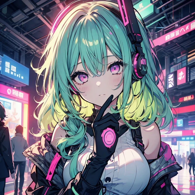 1 girl、Mature、Ample breasts、Curly Hair、Mint green hair、Long Hair、Pink Eyes、Idol Costumes、Shoulder Bare、Glowing headphones、Cyberpunk outfit、Bust-up perspective、High resolution、Highest quality