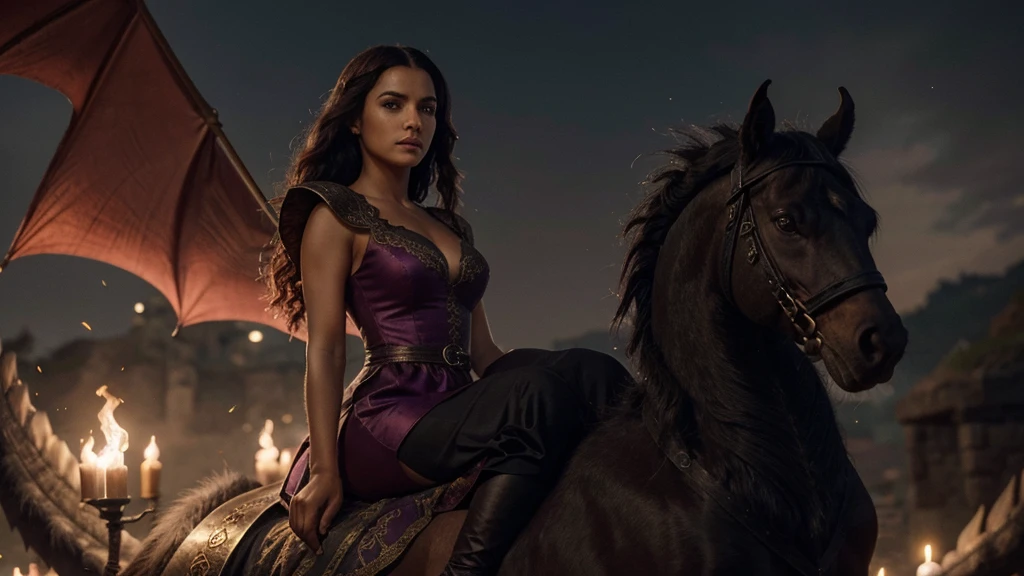 Uma mulher de cabelos brancos, olhos azuis, branca, usando um vestido medieval da cor vermelho com detalhes pretos, riding on top of a black female dragon with purple eyes, com um olhar de tristeza e raiva lutando contra Aemond Targaryen