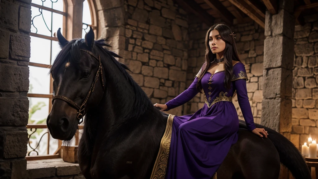 mulher, pele branca, olhos azuis, cabelos brancos, usando um vestido medieval vermelhos com detalhes pretos, wearing a necklace with a small dragon. the woman is riding on a female dragon of black color and purple eyes. she has a hateful look. she is in a fight against Aemond Targaryen and Vhagar