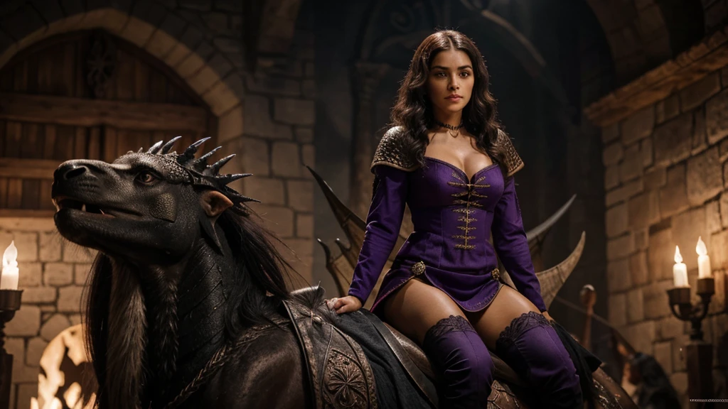 Uma mulher de cabelos brancos, olhos azuis, branca, usando um vestido medieval da cor vermelho com detalhes pretos, riding on top of a black female dragon with purple eyes, com um olhar de tristeza e raiva lutando contra Aemond Targaryen