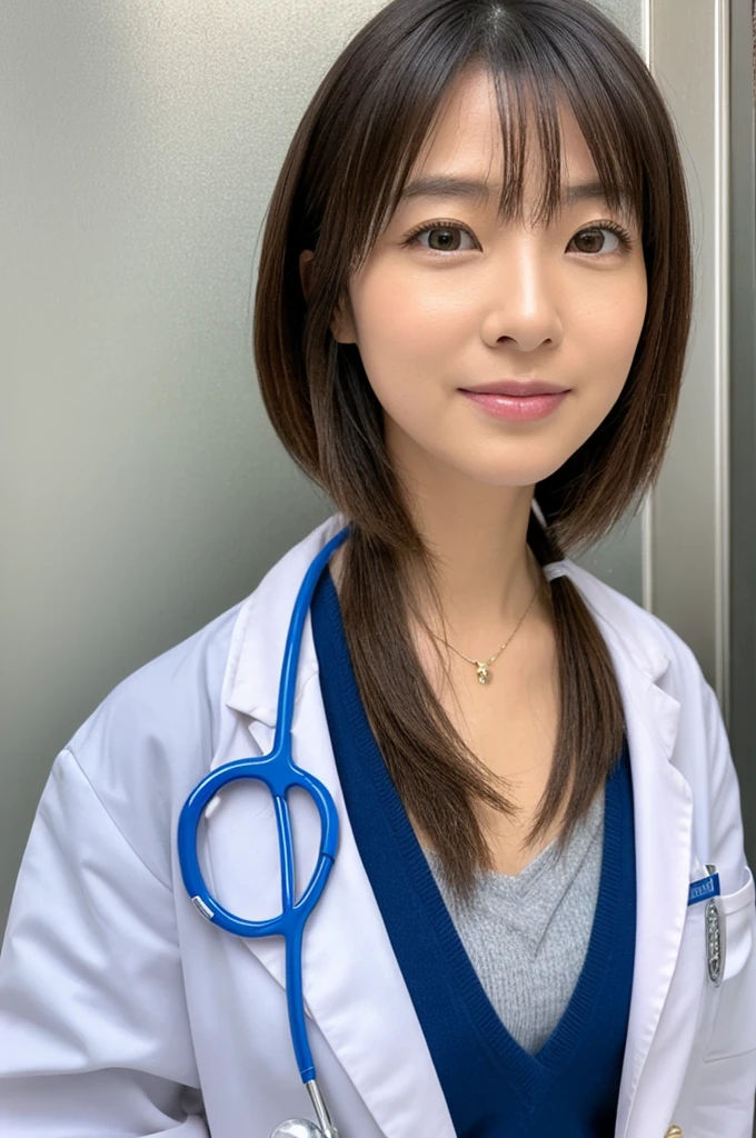 ((Highest quality)), ((masterpiece)), (detailed),Perfect Face,Japanese,Female doctor,White,Female announcer