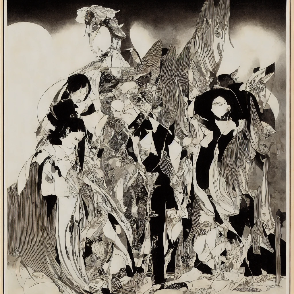 Create a black and white oligui illustration, made with fine liner hatching, of a character in the style of Sergio Toppi.
