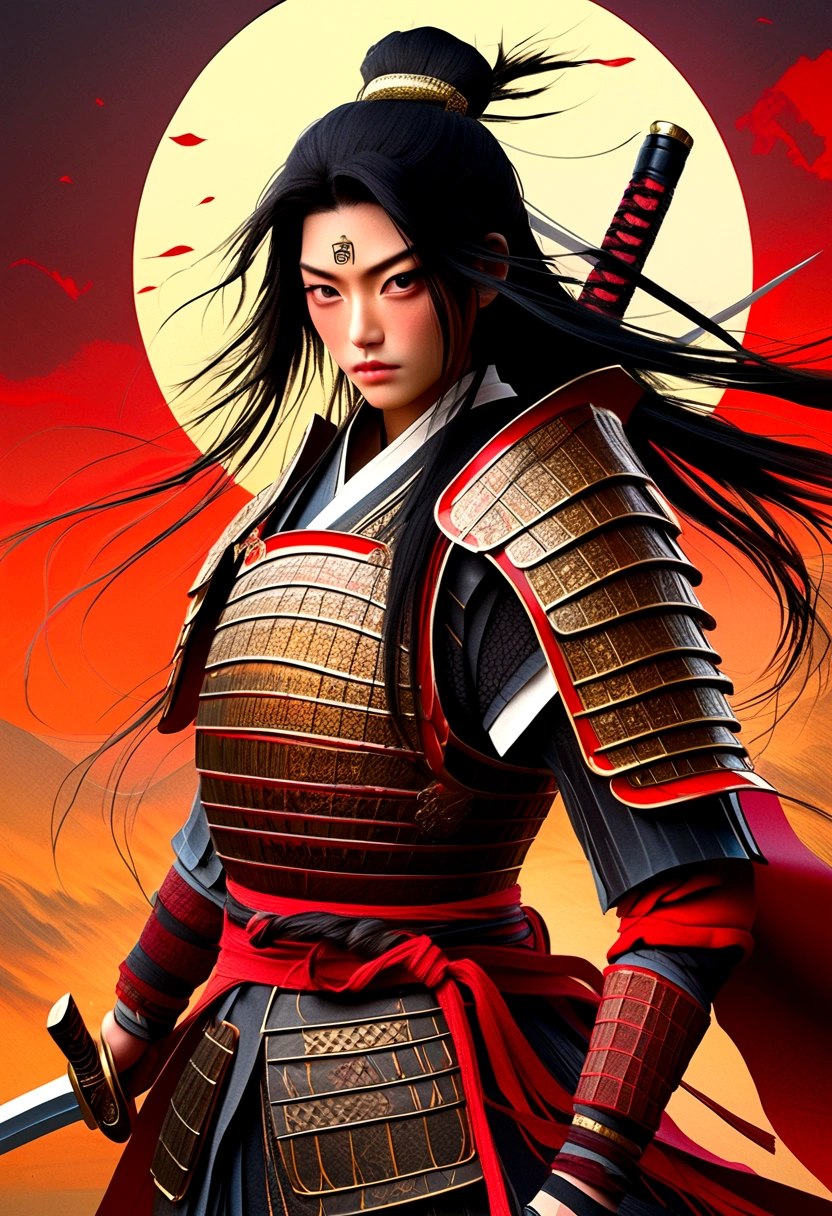 a picture of Japanese female samurai, she has long black hair, wearing samurai armor, armed with a katana, ready for battle, dynamic angle,, Japanese fantasy art, (Masterpiece: 1.5), 16k, highres, best quality, high details, ultra detailed, masterpiece, best quality, (extremely detailed), arafed, dnd art, JapaneseKatana, wtrcolor style