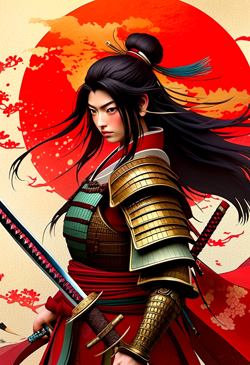 a picture of Japanese female samurai, she has long black hair, wearing samurai armor, armed with a katana, ready for battle, dynamic angle,, Japanese fantasy art, (Masterpiece: 1.5), 16k, highres, best quality, high details, ultra detailed, masterpiece, best quality, (extremely detailed), arafed, dnd art, JapaneseKatana, wtrcolor style