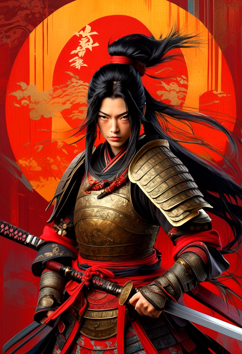 a picture of Japanese female samurai, she has long black hair, wearing samurai armor, armed with a katana, ready for battle, dynamic angle,, Japanese fantasy art, (Masterpiece: 1.5), 16k, highres, best quality, high details, ultra detailed, masterpiece, best quality, (extremely detailed), arafed, dnd art, JapaneseKatana, wtrcolor style