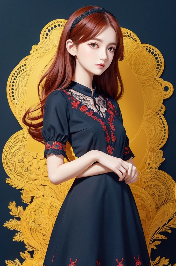 Anime illustration, Adorable woman, vibrant red straight hair, elegant styling, chic black dress with subtle lace and embroidery details, cute and stylish appearance, big and bright eyes in striking golden yellow with simple yet charming details, flat color palette throughout, deep navy blue background with soft gradients for depth, minimalistic presentation focusing on her charming features