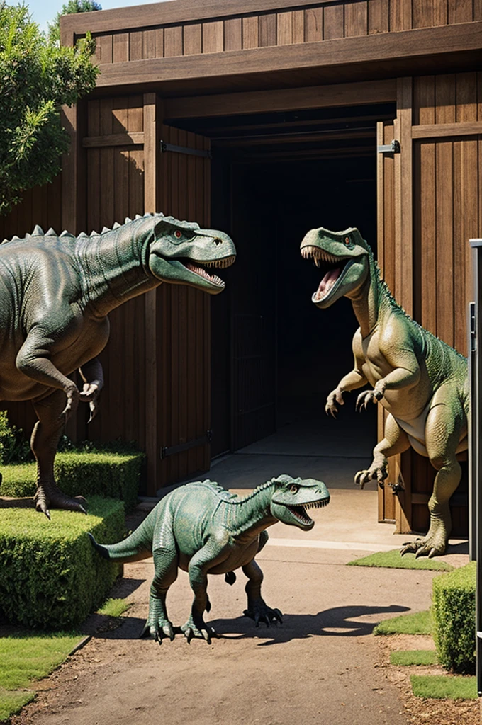 Makes two dinosaurs opening an electric gate