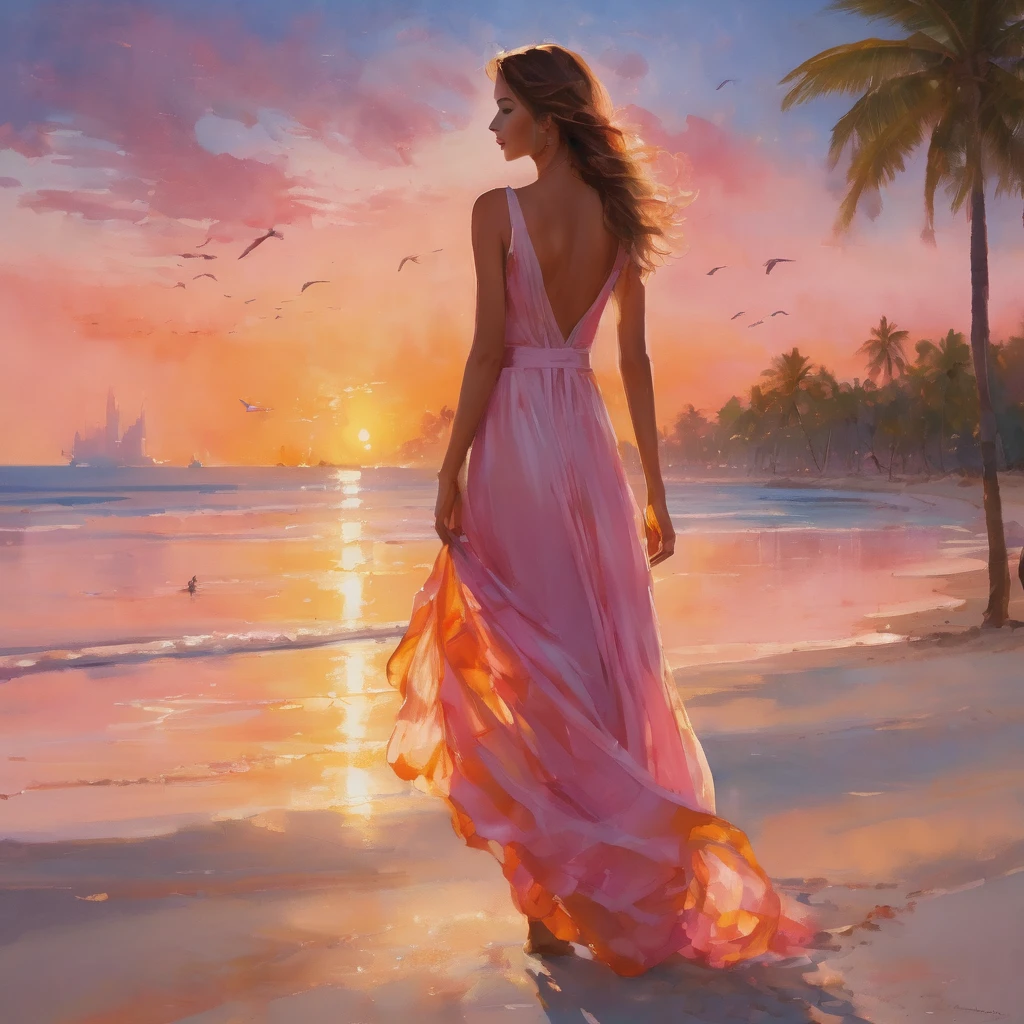 (Main Part, high resolution, illustration:1.2), Radiant young woman in flowing dress, (Elegant and graceful presence:1.1), (The golden sun sinks below the horizon:1.2), (The gentle sea breeze caresses your cheeks:1.2), (Quiet、Secluded beach,Palm trees:1.1), (Paint the sky with pink and orange pastels:1.2), (Gentle waves lapping against the sand:1.1), (Seagulls glide through the air:1.2), Paradise in the Maldives,Enjoy a charming and peaceful moment, Artistic Details, Fascinating composition.