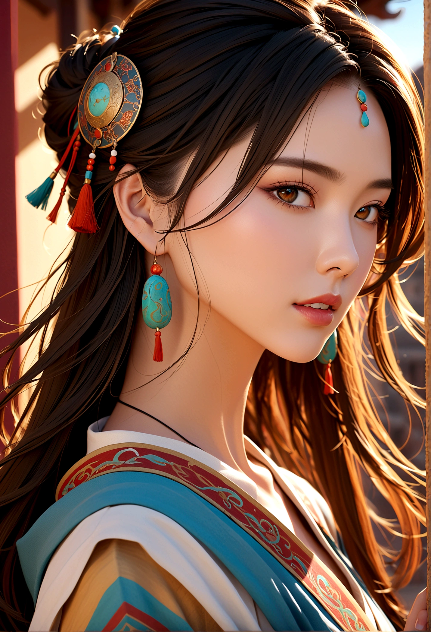 (RAW photos, best quality), (Practical, photo-Practical:1.3),best quality,Very detailed,masterpiece,Extremely detailed,illustration,1 Girl,superior_Body,Dynamic Angle,world masterpiece theater,messy_long_hair,best quality,Extremely detailed CG unity 8k wallpaper,ink,Astonishing,light,lens_Flare, Dunhuang_style