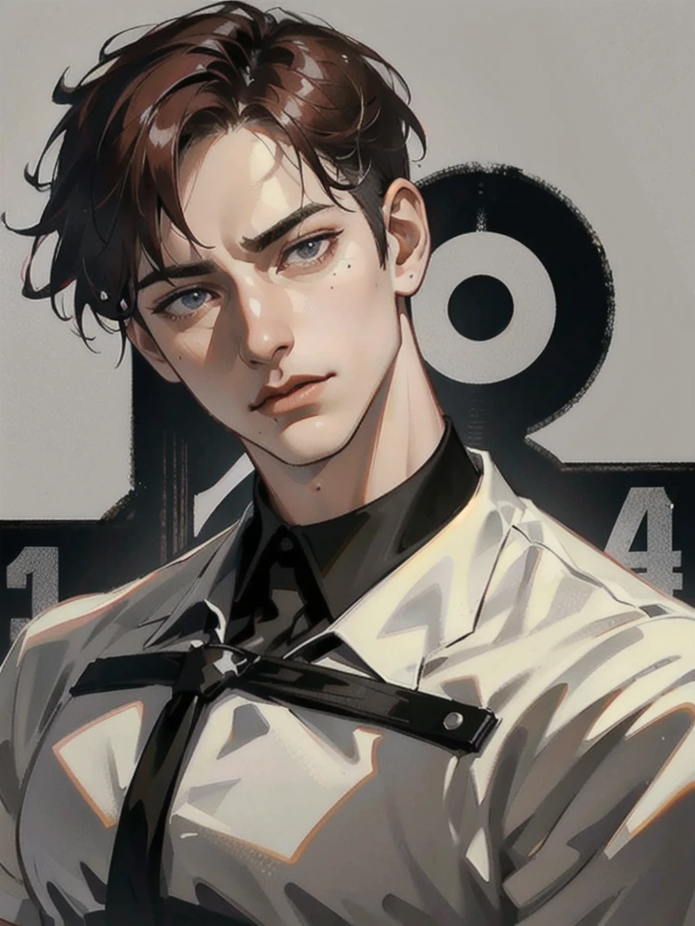 a 40 year old man with red short hair, grey eyes, moles all over the face, wearing an official uniform, masculine, teacher, best quality, 8k, highres, masterpiece, ultra-detailed, realistic, photorealistic, studio lighting, extreme detail description, professional, vivid colors