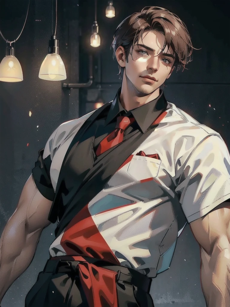 a 40 year old man with red short hair, grey eyes, moles all over the face, wearing an official uniform, masculine, teacher, best quality, 8k, highres, masterpiece, ultra-detailed, realistic, photorealistic, studio lighting, extreme detail description, professional, vivid colors