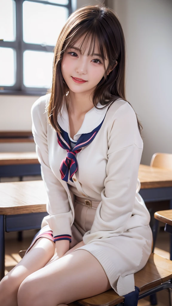 a age caucasian girl in a classroom,blurred background,sunlight,fair-skinned beautiful girl with disheveled poney tail,small breasts,fleeting expression,clear contours,high resolution skin,fair and beautiful thighs,seducing a man,open mouth(1.8),applying red lipstick,putting on a cardigan,slender,a teacher touching the woman's legs,a woman being embraced by her teacher,(best quality,4k,8k,highres,masterpiece:1.2),ultra-detailed,(realistic,photorealistic,photo-realistic:1.37),HDR,UHD,studio lighting,ultra-fine painting,sharp focus,physically-based rendering,extreme detail description,professional,vivid colors,bokeh,portraits,adult atmosphere
Sailor suit