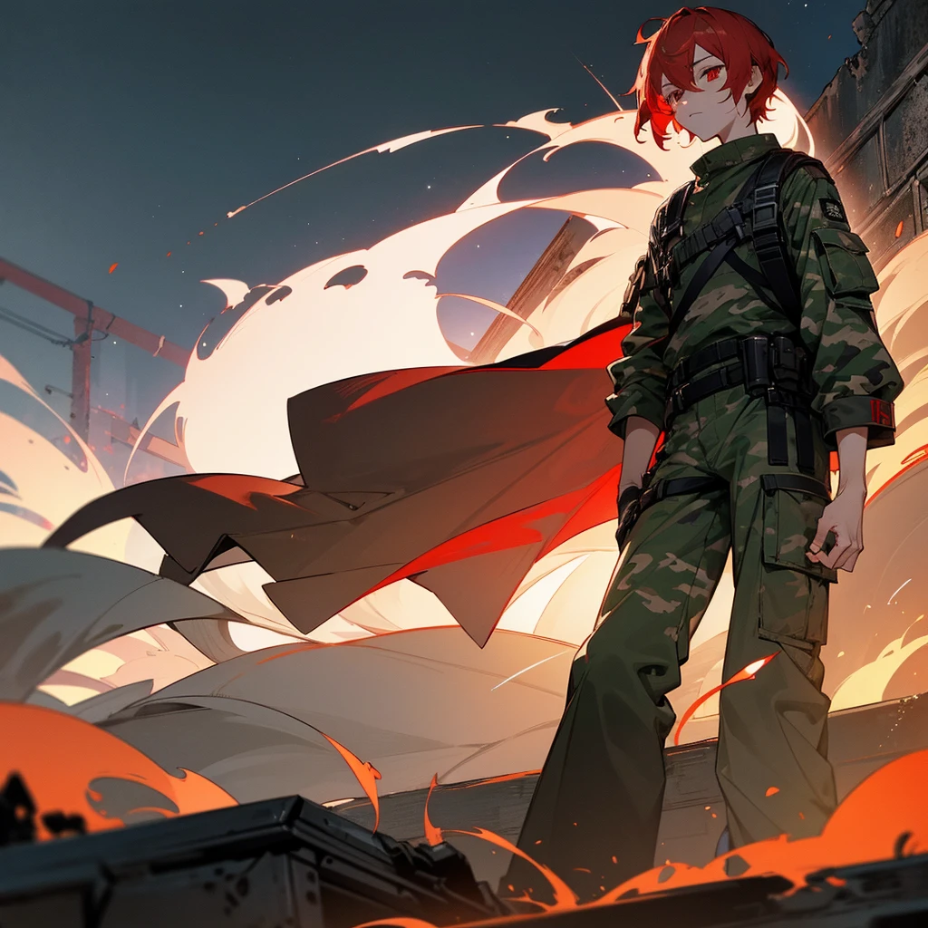 1male, young adult, finely detailed red eyes, pale red hair, wavy short hair, combat camo pants, standing on ruined building, night time, tired expression, black baggy eyes,