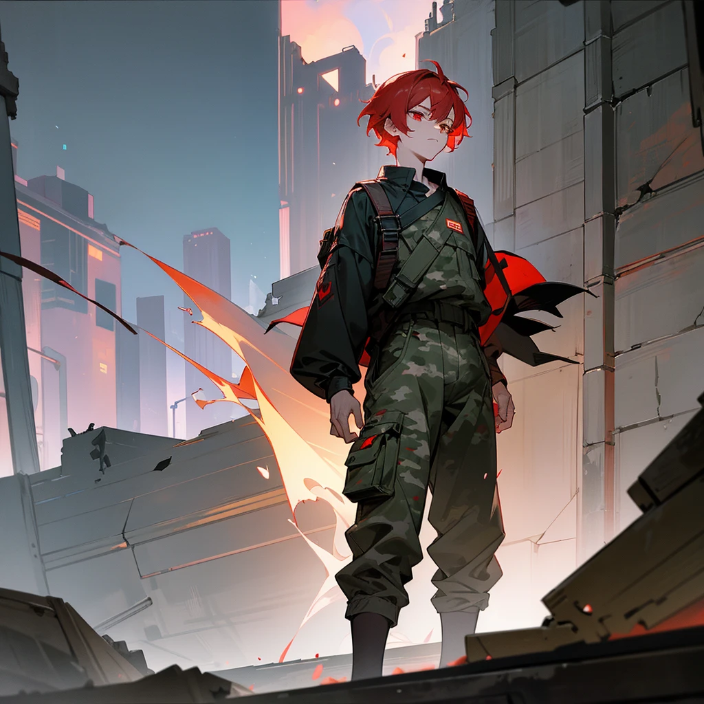 1male, young adult, finely detailed red eyes, pale red hair, wavy short hair, combat camo pants, standing on ruined building, night time, tired expression, black baggy eyes, 