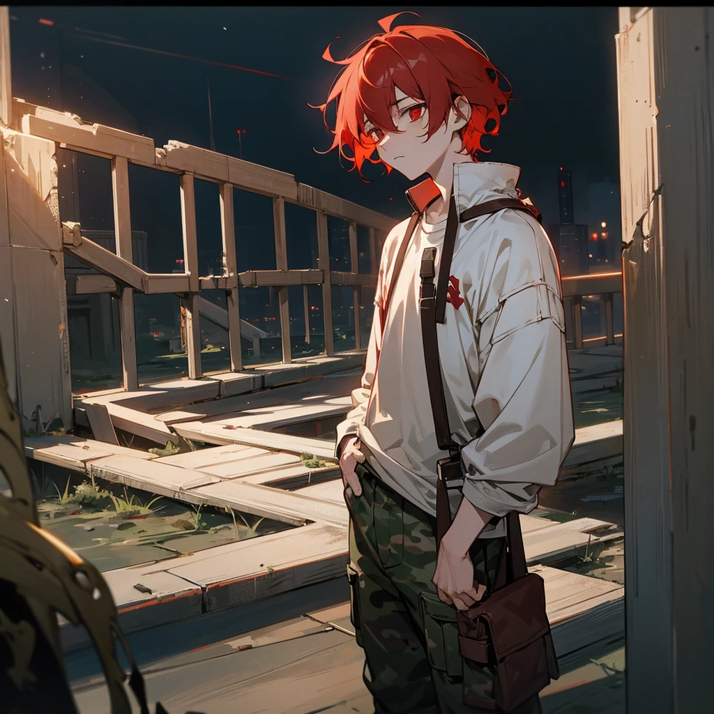 1male, young adult, finely detailed red eyes, pale red hair, wavy short hair, combat camo pants, standing on ruined building, night time, tired expression, black baggy eyes,