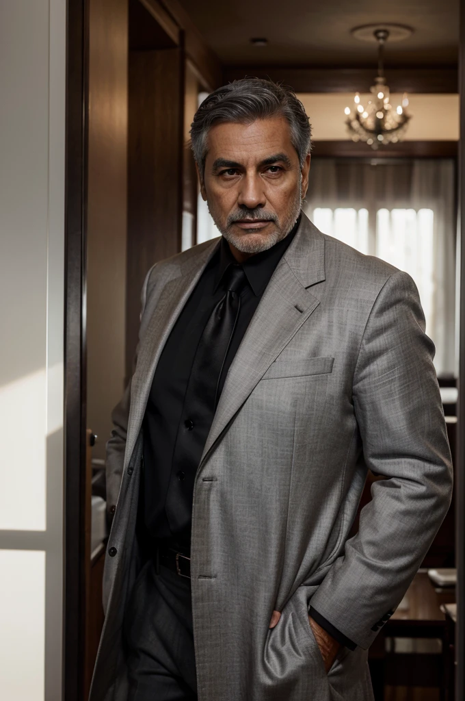 {
"A confident and authoritative 57-year-old doctor with short silver hair and a well-groomed appearance, wearing a white coat over a black dress shirt with a black tie. He stands in a 3x4 photo. He is in his elegantly decorated office with a modern, luxurious and rustic appearance. The lighting highlights his facial features, with red lights in the background, a handsome man with Brazilian nationality, brown skin tone and gray hair and no beard.