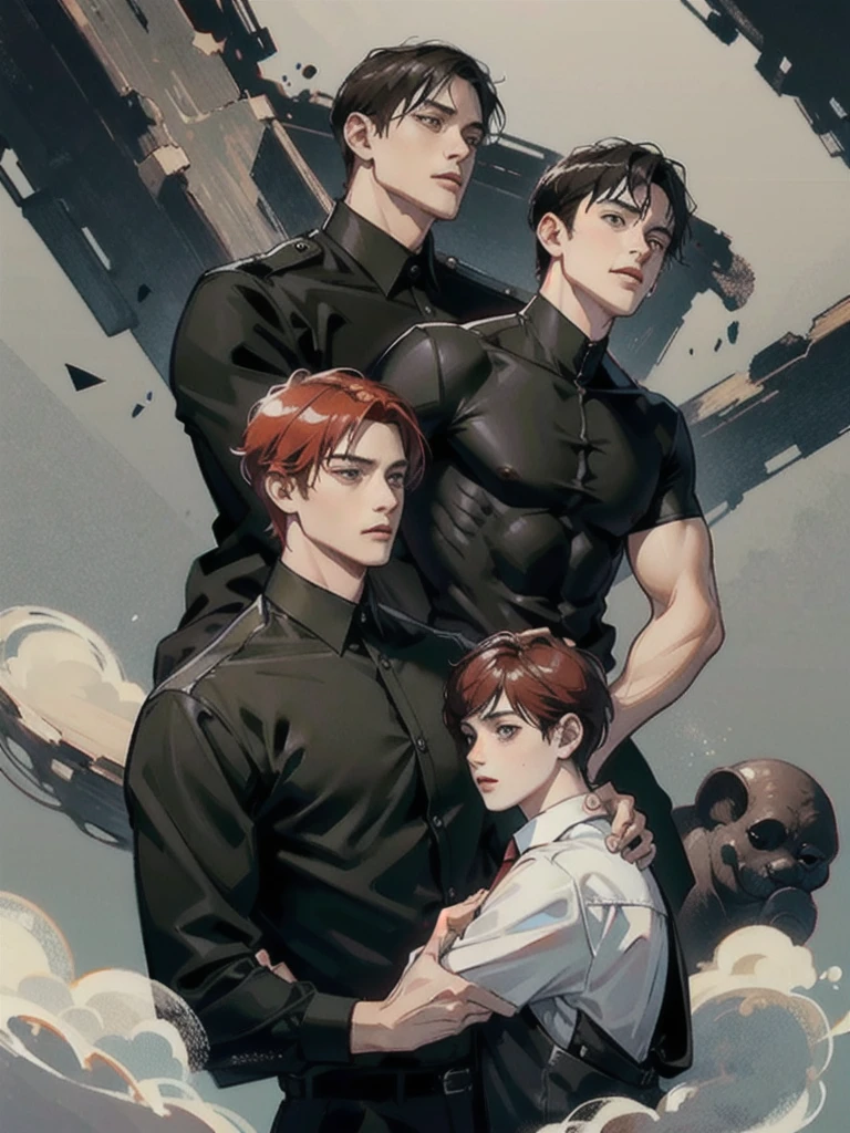 a 40 year old man ((red short hair:1.0)), grey eyes, moles all over the face, wearing an official uniform, masculinity, teacher