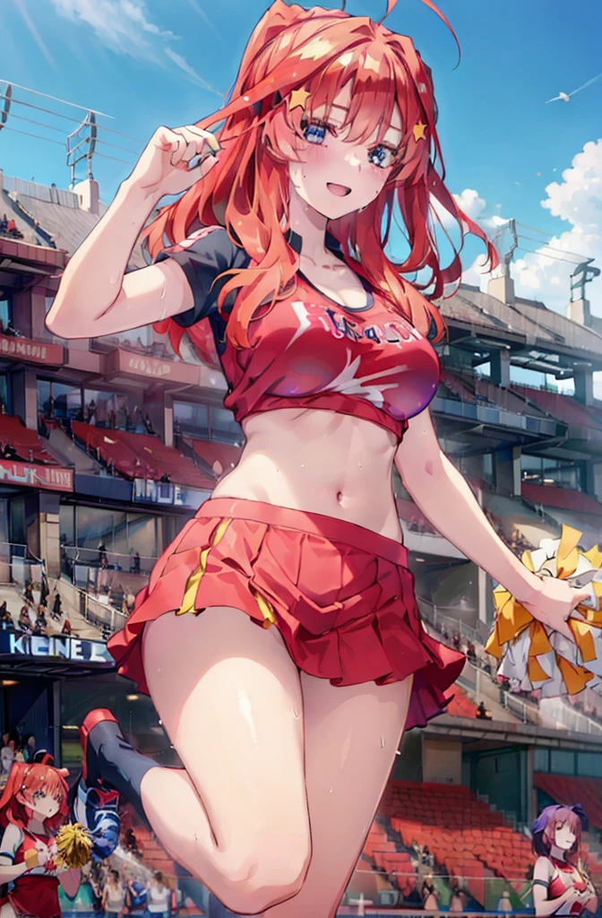 itsukinakano, Itsuki Nakano, bangs, blue eyes, hair between eyes, Ahoge, Redhead, star \(symbol\), happy smile, smile, Open your mouth,hair ornaments, star hair ornaments,(cheer leading), (whole body), Big Breasts, Lower, (Sweaty), Sweaty Wet Clothes (Red clothes),  No sleeve,Belly button support, playground, (Jump), (Jump), Bend your legs and jump, air, blue sky, Grass, Smile Cheerleader, Pom-pom \(cheer leading\), Grass, whole bodyがイラストに入るように,
break outdoors, Stadium,
break looking at viewer, whole body,
break (masterpiece:1.2), Highest quality, High resolution, unity 8k wallpaper, (shape:0.8), (Fine and beautiful eyes:1.6), Highly detailed face, Perfect lighting, Highly detailed CG, (Perfect hands, Perfect Anatomy),i can see her  i can see her pussy