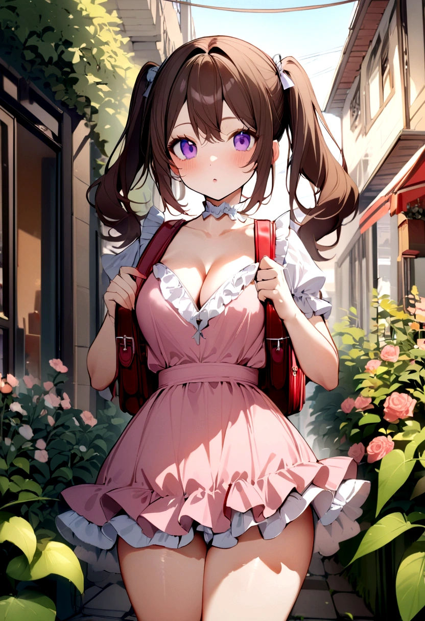 masterpiece, highest quality, Nico_Yazawa,High resolution, 1 girl, alone, Brown Hair, short hair, Twin tails、Purple eyes, Cowboy Shot, Frill dress, , Pink Dress, (Cleavage)、(Beautiful thighs)、city, Outdoor, garden, carrying a red school bag, (randoseru backpack:1.0)、Chibi Cute:1.5