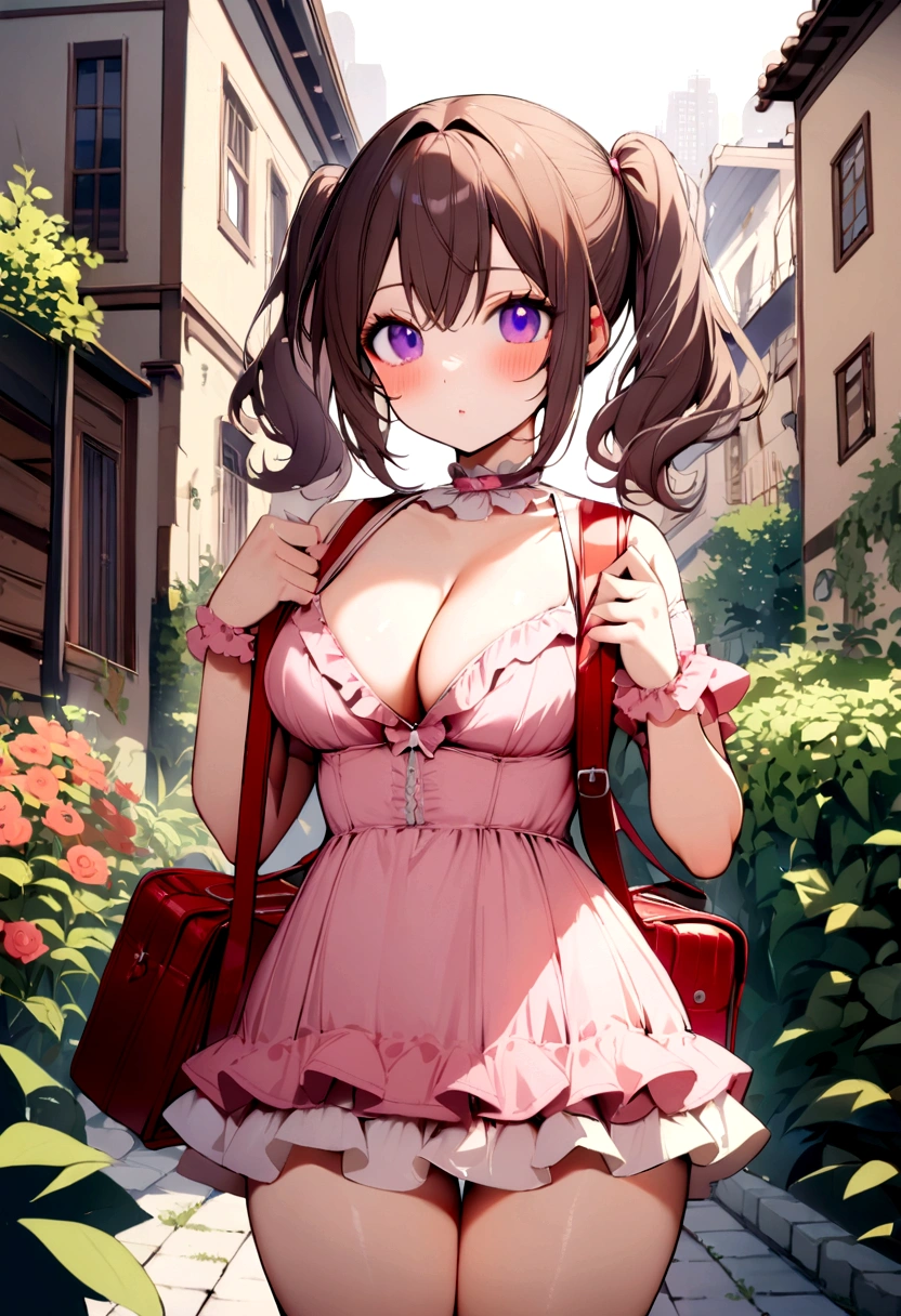 masterpiece, highest quality, Nico_Yazawa,High resolution, 1 girl, alone, Brown Hair, short hair, Twin tails、Purple eyes, Cowboy Shot, Frill dress, , Pink Dress, (Cleavage)、(Beautiful thighs)、city, Outdoor, garden, carrying a red school bag, (randoseru backpack:1.0)、Chibi Cute:1.5