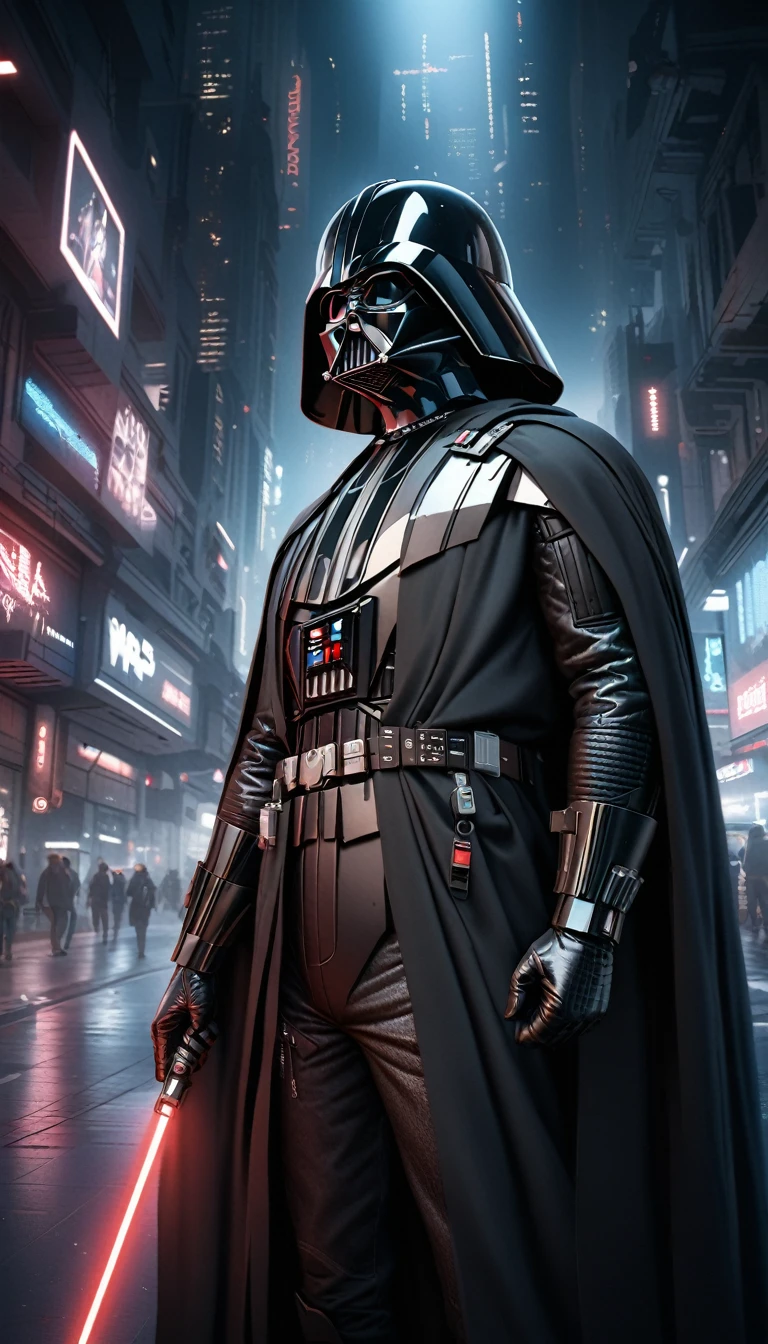 1boy,darth vader ,solo, Cyberpunk Style, (neon:1.2),masterpiece, intricate, highly detailed, majestic, digital photography, hdr, detailed cyberpunk background,bold eclectic styles, punk elements , holographic prints, metallic accents, man in Black_outfit,hood, hood_up, darth vader helmet,(cape:1.2),armor, shoulder armor, (denim:1.2), star wars, (night time),futuristic city,city street with neon signs and buildings on both sides of it at night time, holding  red light saber, broken arm, ,(photo, studio lighting, hard light, sony a7, 50 mm, matte skin, pores, colors, hyperdetailed, hyperrealistic),