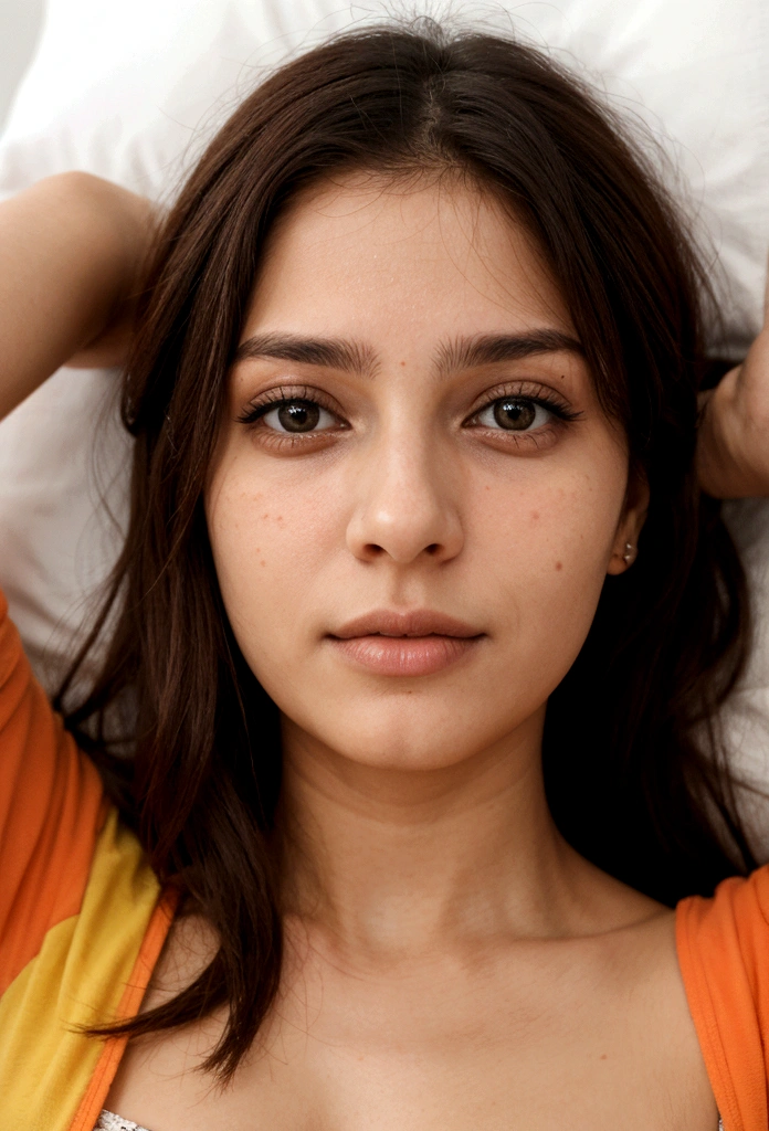 uma mulher, cabelo curto, 22 anos, rosto alinhado, deitada na cama 