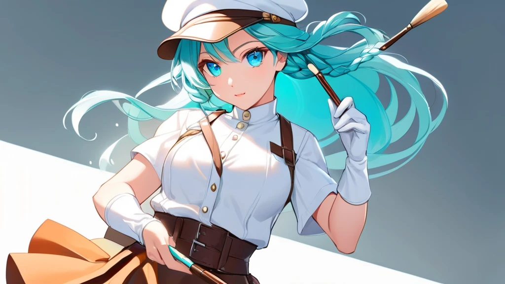 Female, woman, mature, Beautiful, Humble, Kind, long hair upper waist Stright Braided Hairstyles, Aqua blue pupil eyes colour, bright cyan Hairs, leather white wear Newsboy Cap, white dress flowing with skirt, wear leather white female gloves, holding small brush, Anime style, vivid colours, (White backgrounds:1.1)