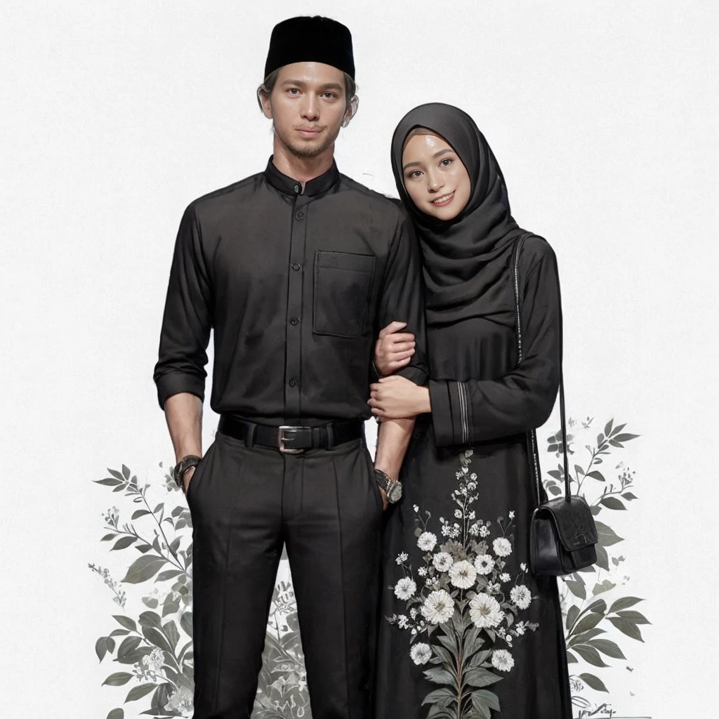 1man wearing black shirt, black kopiah, 1woman wearing dress and hijab, extreme quality, Cg unity 8k, super delicate, background blur, full depth of field, HDR high dynamics, real restoration, intricate and extreme details, perfectly presenting the style of midjourney art. realistic, elegant, goddess, surrealism, high detail, supremacy, cinematic lighting, ray tracing, shadow, uhd, retina, masterpiece, ccurate, anatomically correct, textured skin, super detail, high detail, high quality, high quality, award-winning, best quality, high resolution, 1080P, 16k, 8k, 4K, HD