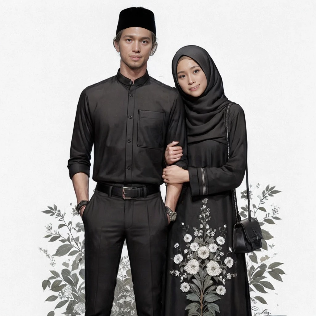 1man wearing black shirt, black kopiah, 1woman wearing dress and hijab, extreme quality, Cg unity 8k, super delicate, background blur, full depth of field, HDR high dynamics, real restoration, intricate and extreme details, perfectly presenting the style of midjourney art.  realistic, elegant, goddess, surrealism, high detail, supremacy, cinematic lighting, ray tracing, shadow, uhd, retina, masterpiece, ccurate, anatomically correct, textured skin, super detail, high detail, high quality, high quality, award-winning, best quality, high resolution, 1080P, 16k, 8k, 4K, HD